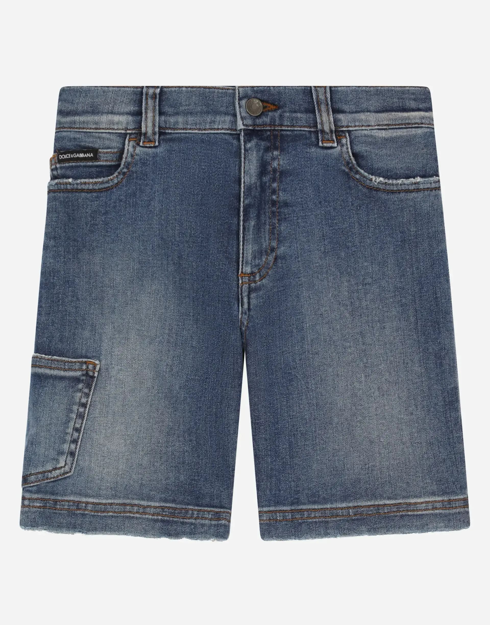 Dolce & Gabbana Kids Blue Wash Stretch Denim Bermuda shorts with pockets - 1